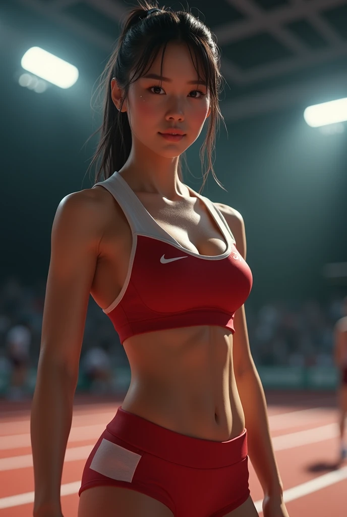Track and field club、Female university student、1、Japanese,Cute face、Track and field clubユニフォーム、Sweating、Uniforms that expose a lot of skin、Muscular body、Macho、((Muscular))、(((Six-pack)))、sexy、(best quality,4K,8k,highres,masterpiece:1.2),ultra-detailed,(realistic,photorealistic,photo-realistic:1.37),HDR,uhd,studio lighting,ultra-fine painting,sharp focus,physically-based rendering,extreme detail description,professional,vivid colors,bokeh,cinematic lighting,dramatic shadow、High resolution, High-resolution model, Retina, Textured skin, Ultra high definition, accurate, Very detailed, Anatomically correct, 