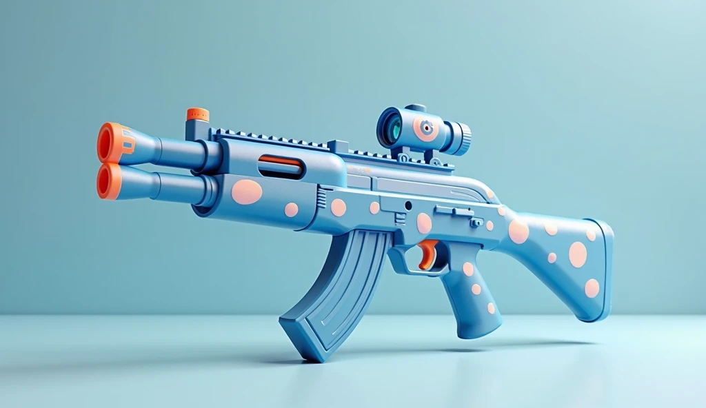 Mini double water gun toy,Integrated rifle mount,Q version,Cute pattern on the surface,Transparent magazine and scope recessed,(Similar structure to AK47),(Double muzzle:1.3),Smooth lines,Plastic material,Three-color Morandi color matching,high quality,Professional Product Photography,Table background,3d, OC Rendering,8K,