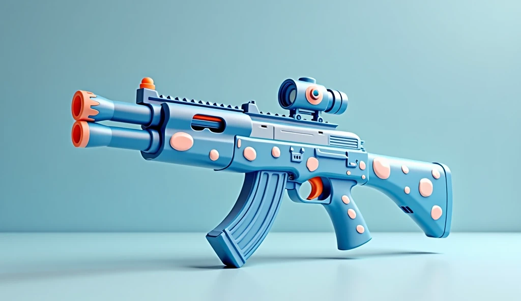 Mini double water gun toy，Integrated rifle mount，Q version，Cute pattern on the surface，Transparent magazine and scope recessed，(Similar structure to AK47)，(Double muzzle:1.3)，Smooth lines，Plastic material，Three-color Morandi color matching，high quality，Professional Product Photography，Table background，3d, OC Rendering，8K，