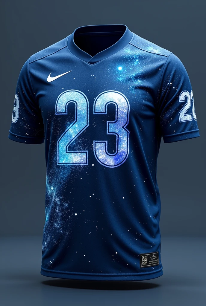 Create a jersey design with following ideas
Colors: Deep space blue with white star-like accents.
Design Elements: Incorporate a galaxy or nebula-inspired pattern with swirls of lighter blue and white stars scattered across. The pattern can fade towards the bottom to a solid color.
Extras: Use reflective materials for the numbers and logos to mimic the look of stars shining in the night sky.