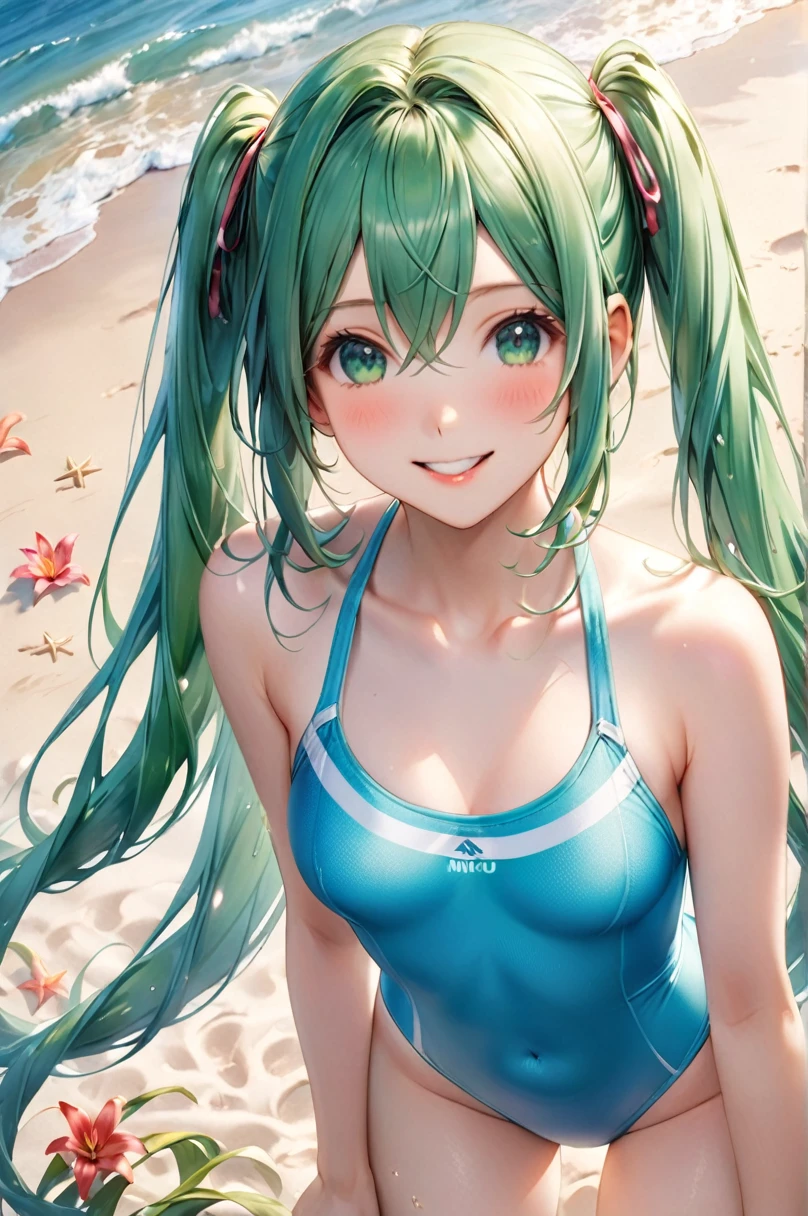 One beautiful girl、Hatsune Miku、、Small breasts, B cup、How tall are you172㎝、Weight is45㎏、Slim figure、、Wearing a blue one-piece swimsuit、Her posture is as beautiful as a lily、Active on the sandy beach、/She is work on the beech./Green Eyes、long green hair、laugh、Very cute smile、Look at me with a gentle gaze and say hello、The work is shot from above、A worldview centered around girls、draw in detail、A girl4background1Draw at a ratio of、4K、8K、Highest quality、Altitude Resolution、Ultimate Painting、Highly original works
