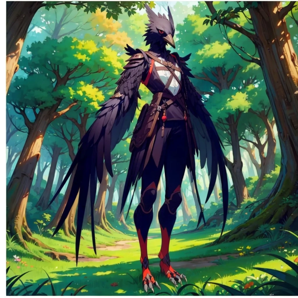 prospect(Anthropomorphic crow、Wearing ancient adventurer gear、The arms and hands are integrated with the bird&#39;s wings, and there are no bird wings on the back. Only the arms and hands have bird wings.、The feet are claws)、With background (Dense forest)