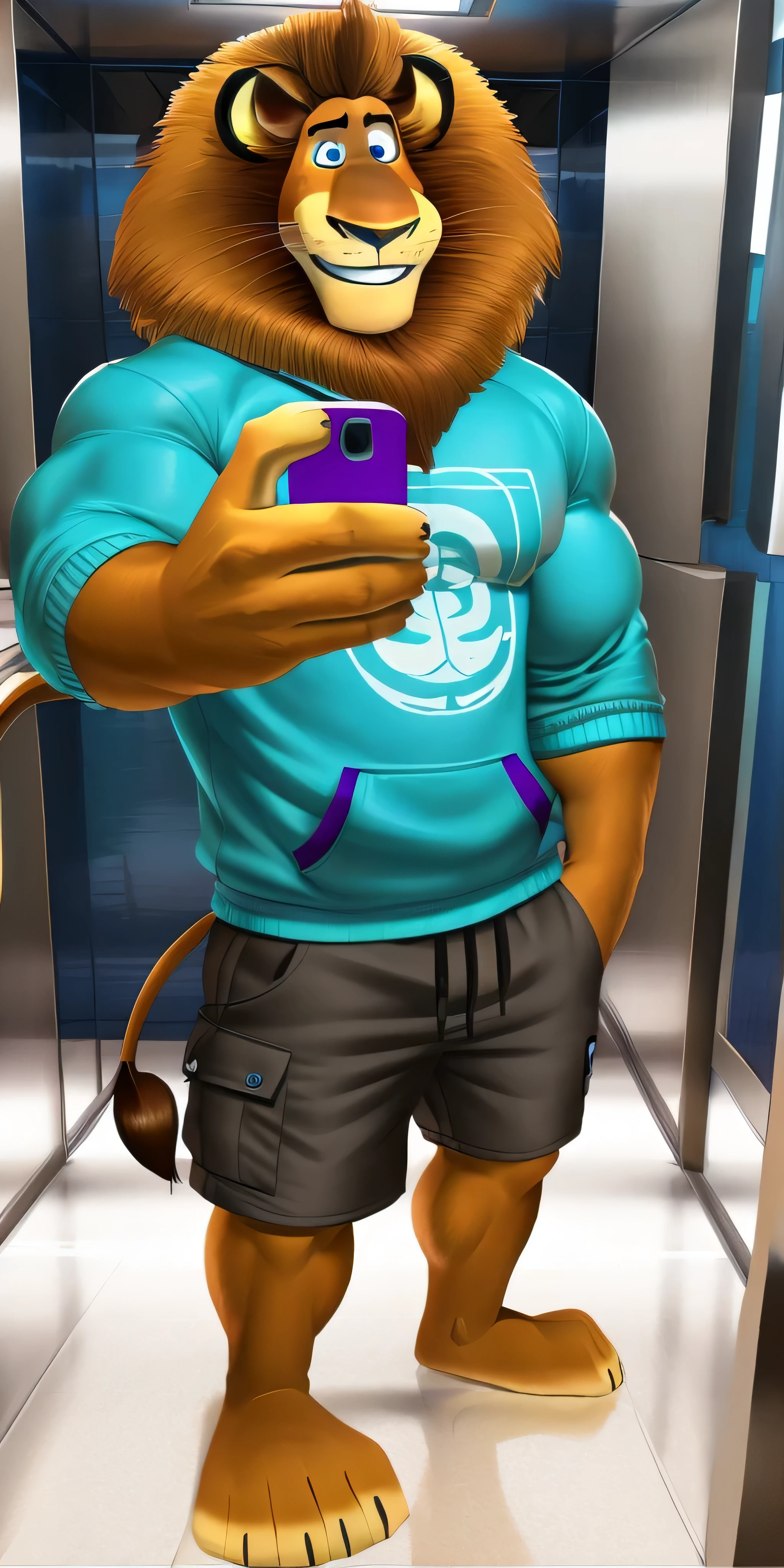 Alex the Lion, muscular body, big biceps, extremely beautiful and cute face, perfectly detailed blue eyes with perfectly detailed pupils, wears cyan sweatshirt, salad cargo shorts, bare feet, elevator background, selfie, friendly look, smile