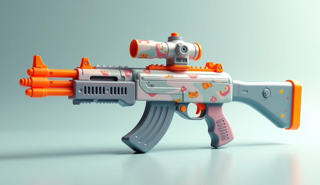 Mini double water gun toy,Integrated rifle mount,Q version,Cute pattern on the surface,Transparent magazine and scope recessed,(Similar structure to AK47),(Double muzzle:1.3),Smooth lines,Plastic material,Three-color Morandi color matching,high quality,Professional Product Photography,Table background,3d, OC Rendering,8K,