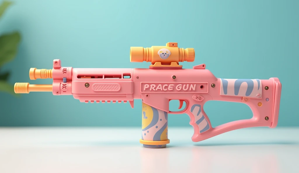 Mini double water gun toy,Integrated rifle mount,Q version,Cute pattern on the surface,Transparent magazine and scope recessed,(Similar structure to AK47),(Double muzzle:1.3),Smooth lines,Plastic material,Three-color Morandi color matching,high quality,Professional Product Photography,Table background,3d, OC Rendering,8K,