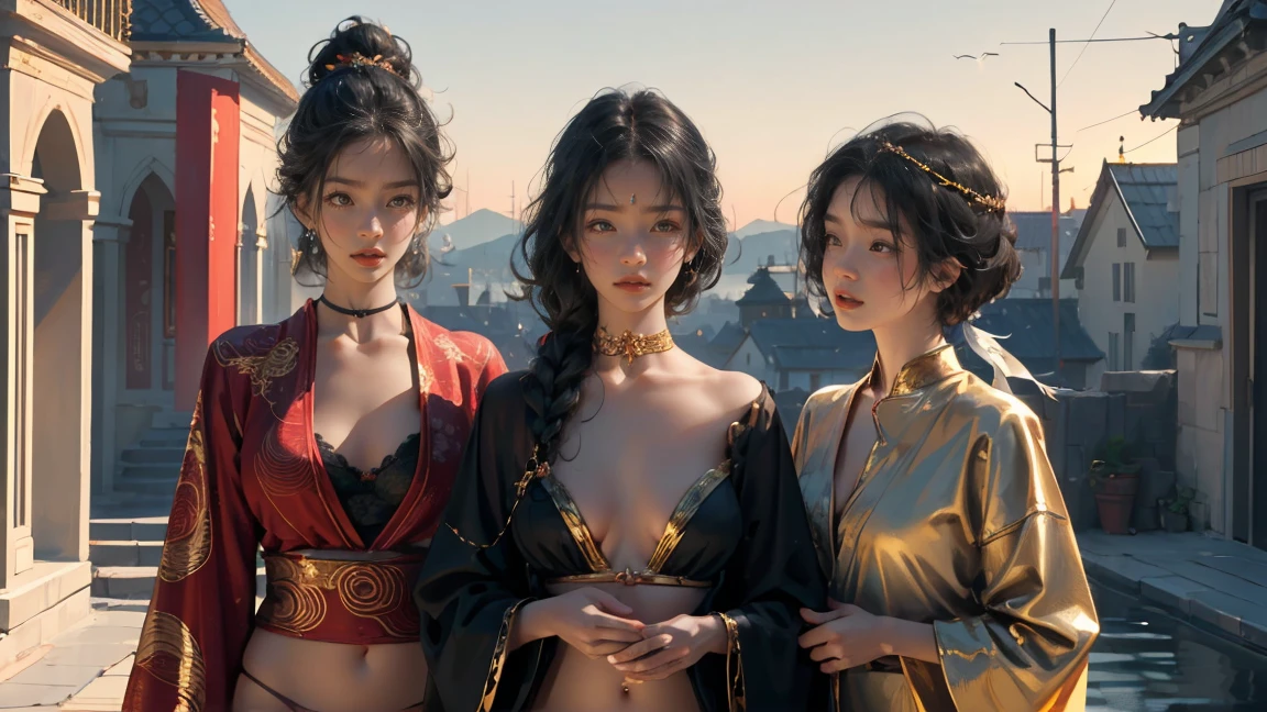Blue eyes、bionde、oiran、short hair、More than one person、((Three women:1.5))、Three people lined up、On the chest、tattoo、Clothes got wet、Hair tied up、Full body photo、Sexy Face、short hair、 A look of complete lust、(((masterpiece,NFSW)))、((Highest quality))、((超Realistic))、Mature woman、Mature woman、Very detailed、The perfect temptation、Best image quality、Fine-grained image quality、beautiful、European, woman, French, woman Italian, Italian, smile、Blue eyes、jewelry, Blue eyes, Realistic, High resolution, Soft Light,Hip Up, Glowing Skin, (Detailed face),tattoo, jewelry, , night, bionde, Wavy Hair,attractive appearance, smile, Perfect Style, Perfect balance, (Realistic:1.3,Visual Arts,Written boundary depth、Highest quality,8K quality,masterpiece:1.3,High resolution,Tabletop:1.2),and(2, Gold Kimono, Golden underwear, Golden Good, Golden panties, Golden choker),(Long Hair:1.2,bionde:1.3), Blue eyes, Clothes come off,I can see your thighs,I can see your pants,Perfect face with attention to detail:1.5,normal hand:1.5,normal finger:1:5,Normal legs:1.5,new year,shrine,Backstreets,background(Shining meteors,golden dragon flying),Exquisite design,Best lighting,