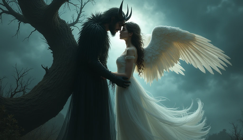 Gothic romantic, dark fantasy, girl angel and man demon Near the tree