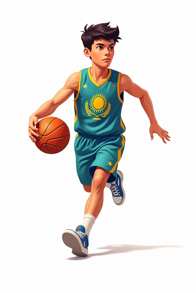 ((officially)) ((masterpiece)) ((Best quality)) ((detailed)) cartoon boy basketball player running with ball in uniform with emblem flag of Kazakhstan on white background