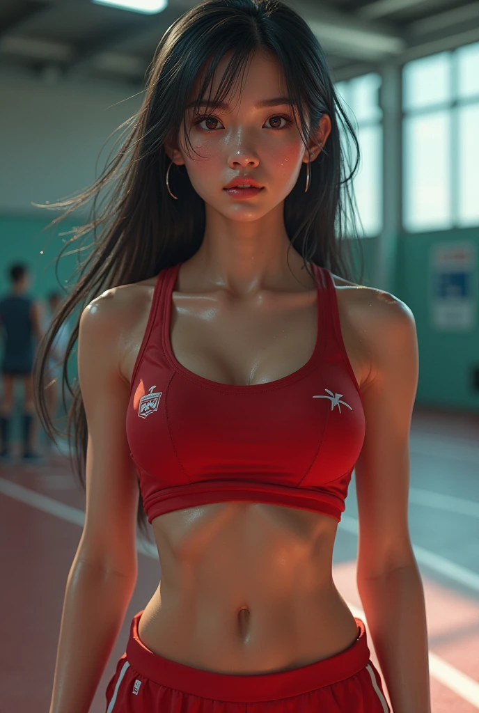 Track and field club、Female university student、1、Japanese,Cute face、Track and field clubユニフォーム、Sweating、Uniforms that expose a lot of skin、Muscular body、Macho、((Muscular))、(((Six-pack)))、My abs are split into 6、Six Pack、sexy、(best quality,4K,8k,highres,masterpiece:1.2),ultra-detailed,(realistic,photorealistic,photo-realistic:1.37),HDR,uhd,studio lighting,ultra-fine painting,sharp focus,physically-based rendering,extreme detail description,professional,vivid colors,bokeh,cinematic lighting,dramatic shadow、High resolution, High-resolution model, Retina, Textured skin, Ultra high definition, accurate, Very detailed, Anatomically correct,