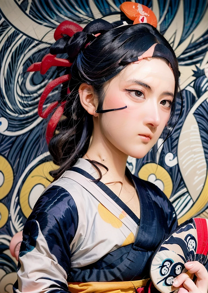 (Ukiyo-e:1.9)、woodblock print、Sharaku、Cute Japanese Town Girl、、Intricate kimono patterns、Delicate facial features、A hairstyle symbolizing the Edo period、Holding a traditional Japanese fan、Kind eyes and small lips、Innocent look、Bust Shot、Natural light、High resolution、Detailed Images、Bright colors、Realistic、masterpiece
