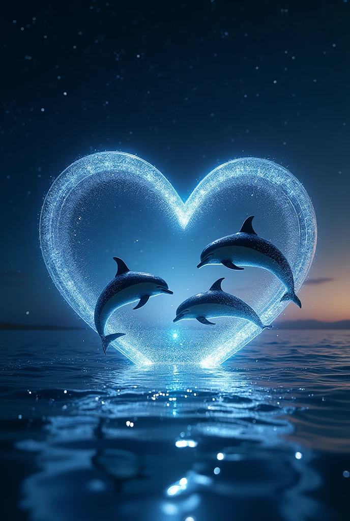 A sparkling open heart object、romantic、photograph、Panorama、Neon color、Bright colors、Ultra-high resolution、
Inside the open heart is a picture of the ocean、Countless stars in the background、The overall image is dark, but the heart-shaped object shines brightly.、
A sky studded with stars、Dolphins jumping in the sea、The water surface reflects accurately、The stars are realistic and lively、Dolphins are wet and vivid、Water droplets and water are transparent。