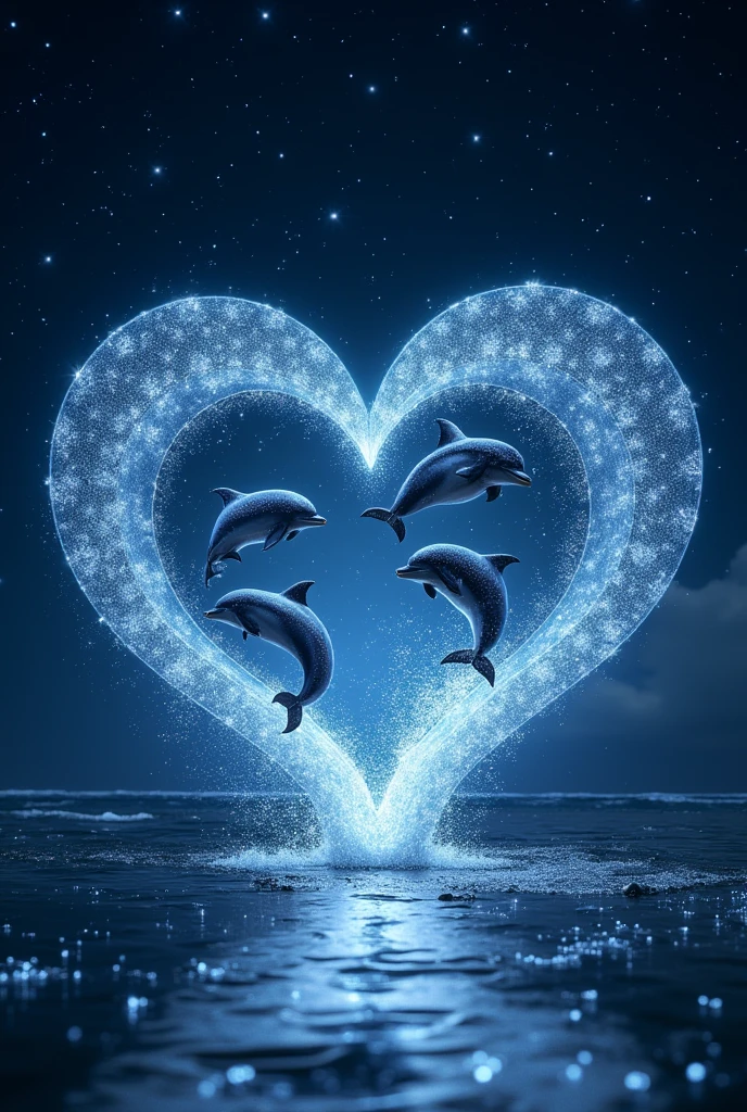 A sparkling open heart object、romantic、photograph、Panorama、Neon color、Bright colors、Ultra-high resolution、
Inside the open heart is a picture of the ocean、Countless stars in the background、The overall image is dark, but the heart-shaped object shines brightly.、
A sky studded with stars、Dolphins jumping in the sea、The water surface reflects accurately、The stars are realistic and lively、Dolphins are wet and vivid、Water droplets and water are transparent。