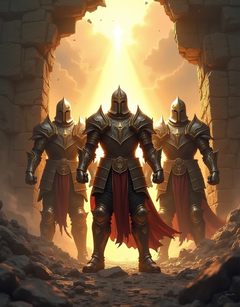 three armored warriors,break wall, light from the heaven, facing the light