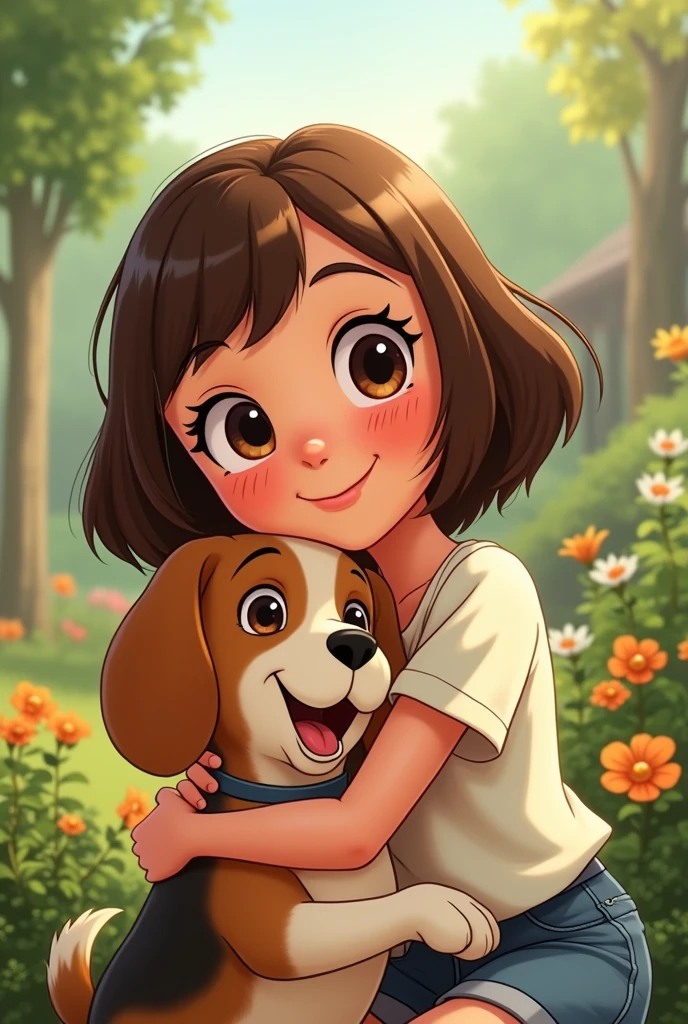 Please create a disney animated photo of a  teen lady with bob hair with bangs hugging a tricolor beagle in the garden