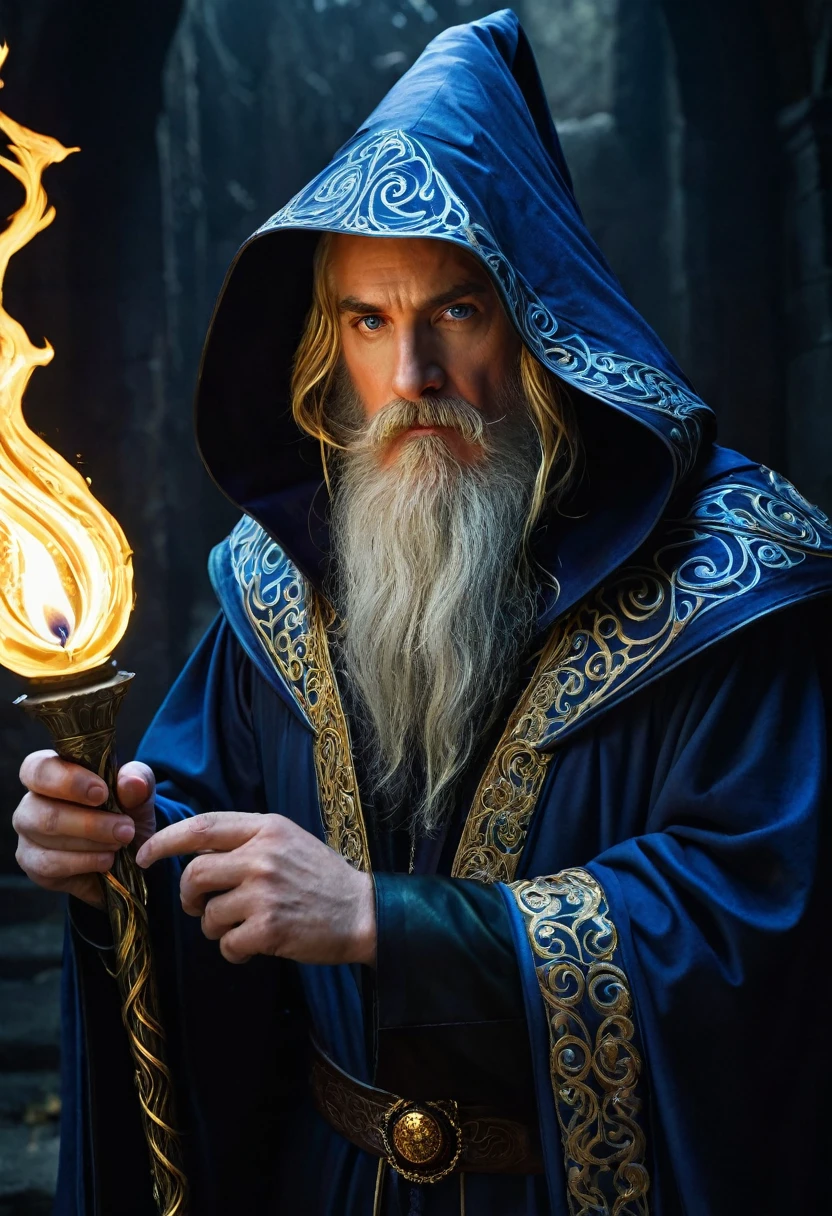 A cineastic portrait of a 3 fantasy wizard whose aura is both commanding and unsettling. His blonde hair is cropped short on one side, contrasting with the long, flowing locks that tumble over his shoulder, framing a goatee beard that speaks of his age and wisdom. Draped in midnight-blue robes adorned with intricate golden embroidery that glitters eerily in the dim light, the wizard's ensemble is a testament to his once noble standing. However, the corrupted nature of his power is evident in the tattered, black leather collar that encircles his neck, a stark reminder of the dark forces he has embraced. His eyes, though obscured by the shadow cast by his pointed blue hood, gleam with a malevolent intensity that suggests a soul at odds with itself. The headpiece is particularly noteworthy, a crown of twisted, darkened metal that seems to be slowly consuming the fabric of his robes, symbolizing the insidious influence of the dark powers that now govern his actions. The background is a swirl of inky blackness, punctuated by distant, flickering red flames that cast an ominous glow across the scene, hinting at the chaos and destruction that often follow in his wake. Despite the evident decay, the wizard stands with a disturbing confidence, his hand resting on the hilt of a shadow-draped staff that pulses with a sinister energy. The composition draws the viewer in with a dramatic use of light and shadow, inviting us to ponder the tragic descent of this once-great sorcerer into the abyss of power and corruption.