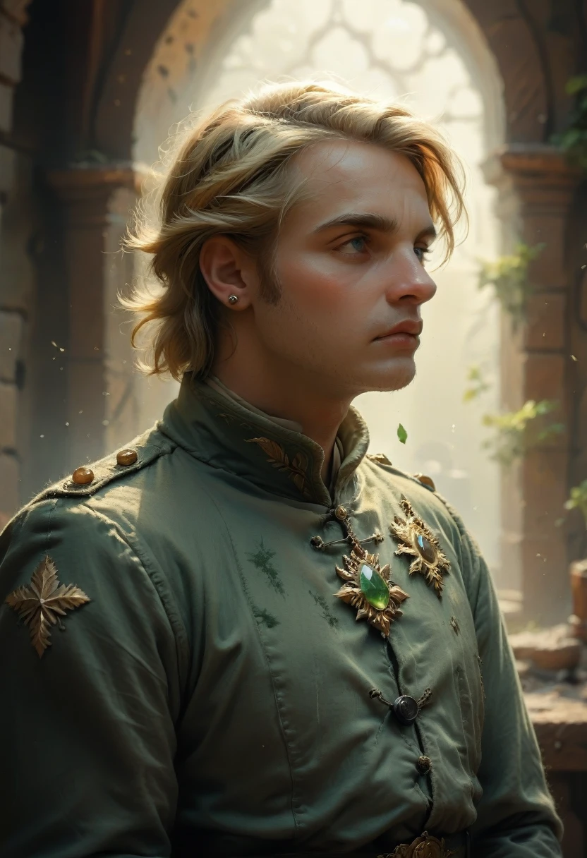 Niels Visser as Prince with golden-blond hair., wears a green medieval moss military uniform, I look ahead with a piercing emerald green gaze. whole body, art by Greg Rutkowski