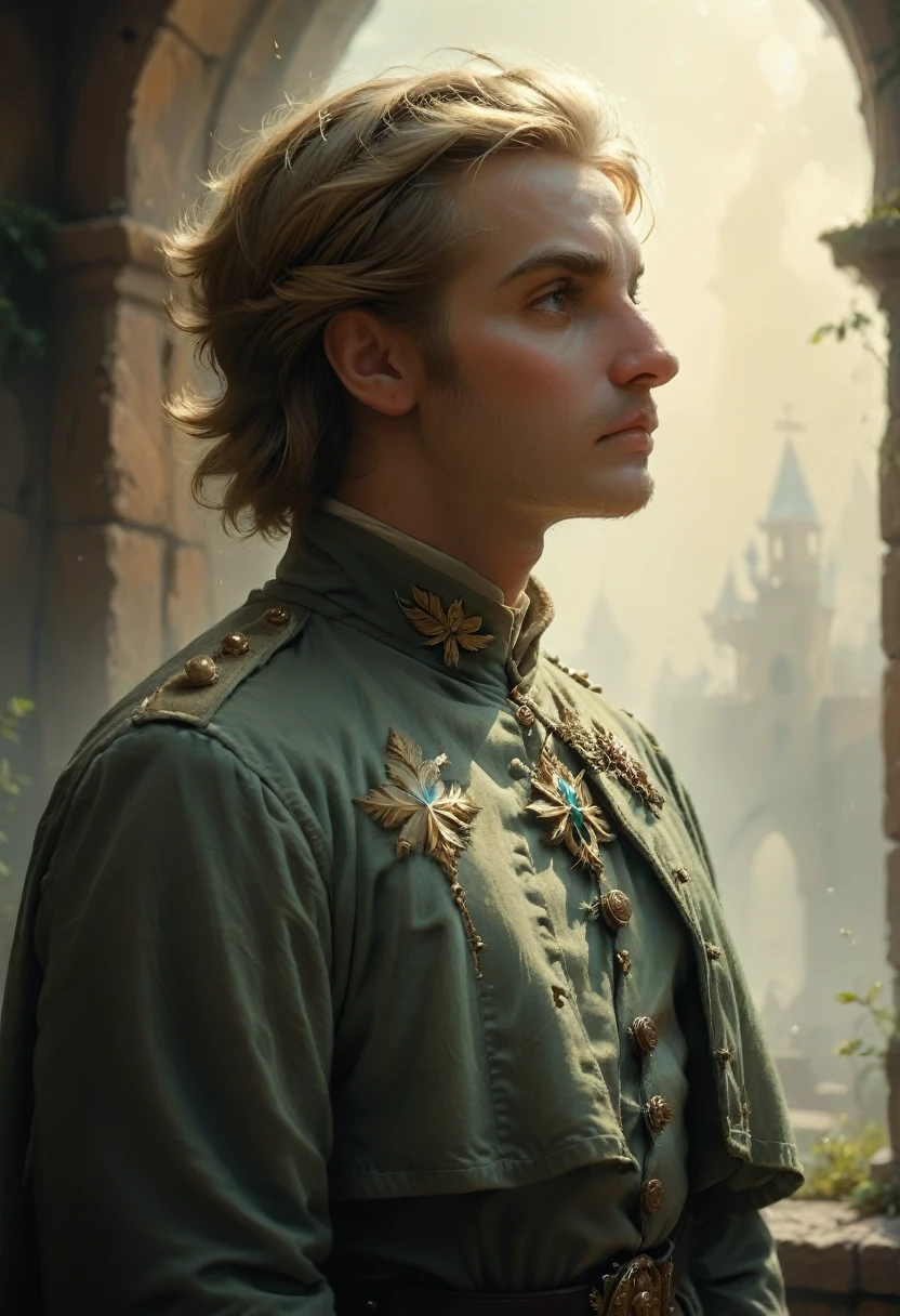 Niels Visser as Prince with golden-blond hair., wears a green medieval moss military uniform, I look ahead with a piercing emerald green gaze. whole body, art by Greg Rutkowski