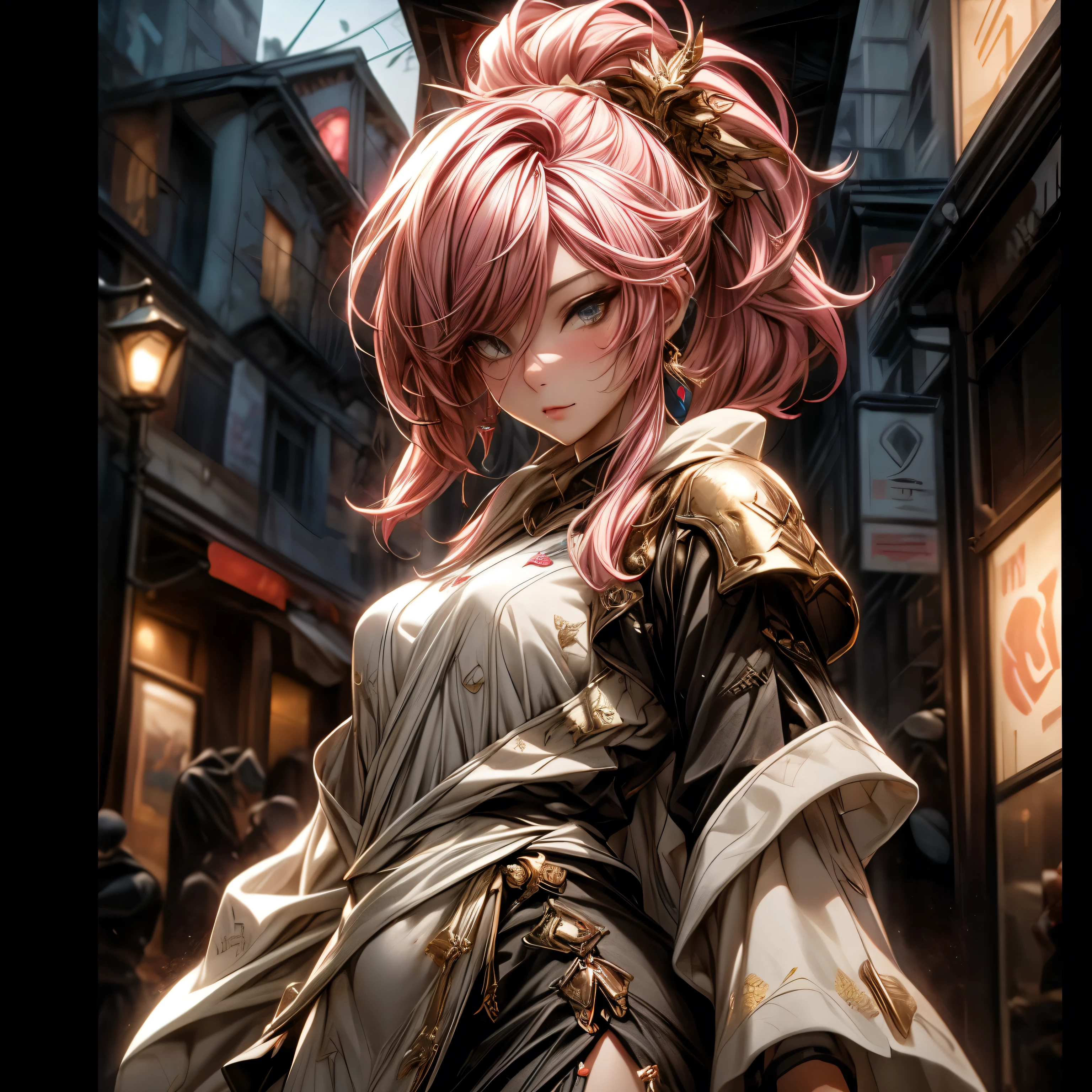 (best quality)), ((Masterpiece)), (details:1.4), 3d, HDR (high dynamic range), an image of a beautiful cyberpunk female, Cyberpunk, Pink hair, High ponytail, Full body, Beautiful white eyes, จมูกโด่ง, ปากแดง, หน้าอกใหญ่, nvidia RTX, PBR surface, After processing, Anisotropic filtration,depth of field, Maximum clarity and clarity, multi-layered surface, Subsurface scattering, perfect proportions, 8K raw files, ultra detailed, Perfect proportions, volumetric lighting, soft lighting, Holy Paldin, Heavy Silver Armor, Golden dress, glossy skin, intricate Golden embroidery, Village background, jewely, ต่างหู, นิ้วมือสมบูรณ์, mini skirt