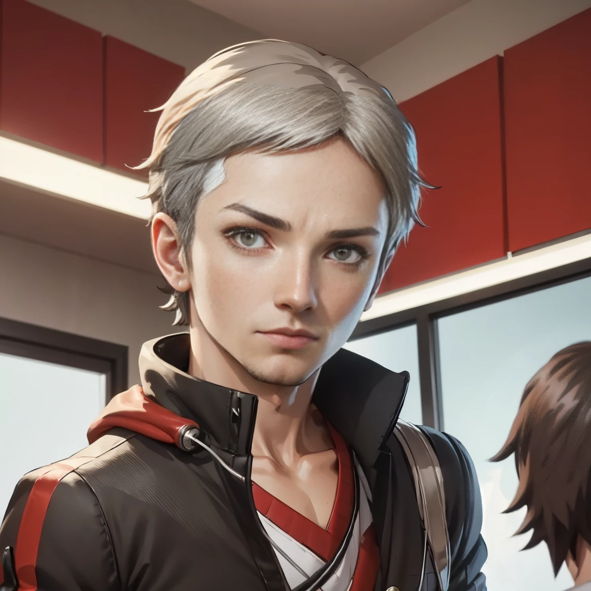 1boy, handsome, muscular, medium hairstyle, gray haircolor with red stripes in hair edges, white t-shirt paired in red sweater with black schoolcoat, headphone, black tie, aesthetic, chestnut eyes color, ultra-realistic, hyperrealistic, closer distance face, closer distance head, his distance pressing against me, hd, high quality, best quality, masterpiece, 8k resolution
