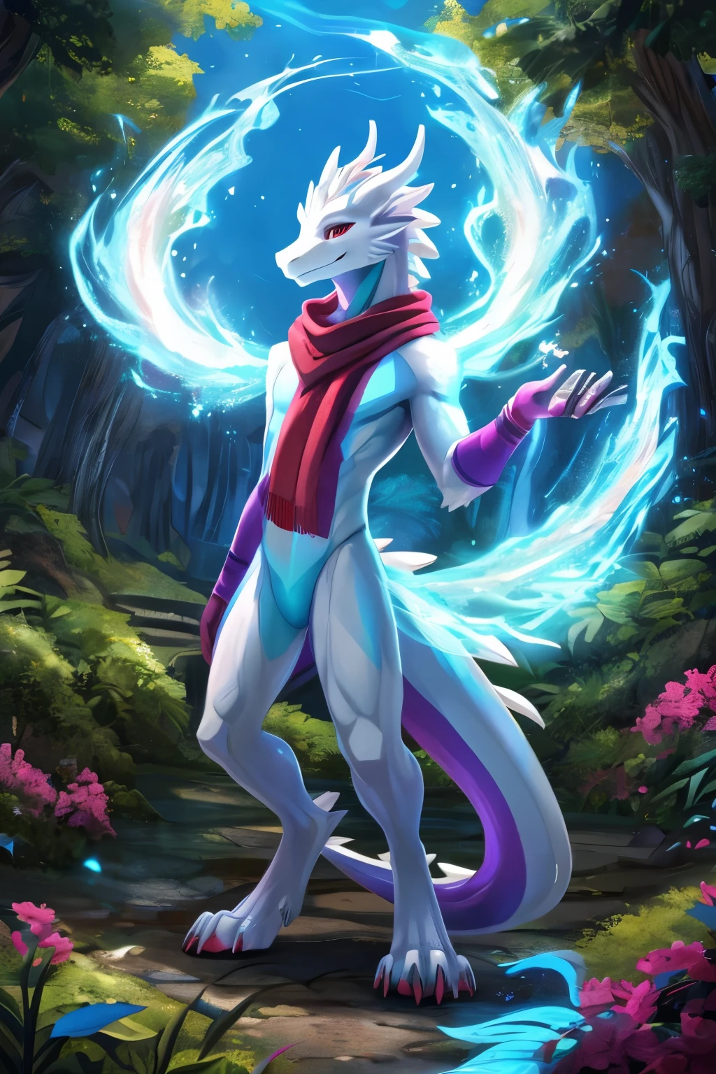 (anime), (front facing), (looking at the camera), slim furry white dragon using old magic, (blue, cyan, magenta, red and green undertones), smooth skin, very long muzzle, neck and tail fur, digitigrade, creative horns, feathers, gradients, (wearing only a scarf), nature background, full body
