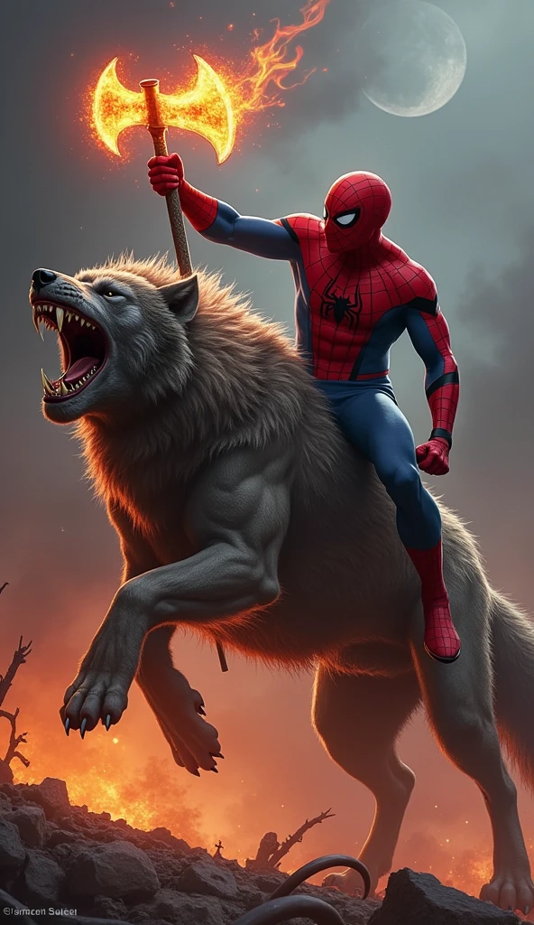 Spider man riding on wolf  in hand fire axe muscle roaring 