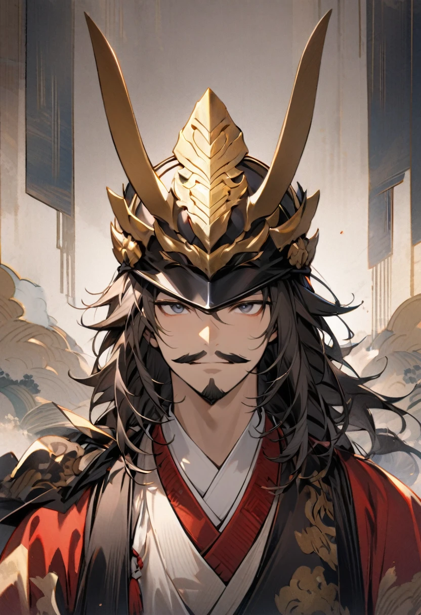 "A portrait of a young, distinguished Sanada Yukimura from the 16th century, wearing a traditional samurai helmet (kabuto) with a golden crest. His face is characterized by sharp features, a thin mustache, and a slight smile, conveying wisdom and emerging authority. The background features a muted, traditional Japanese setting."head shot