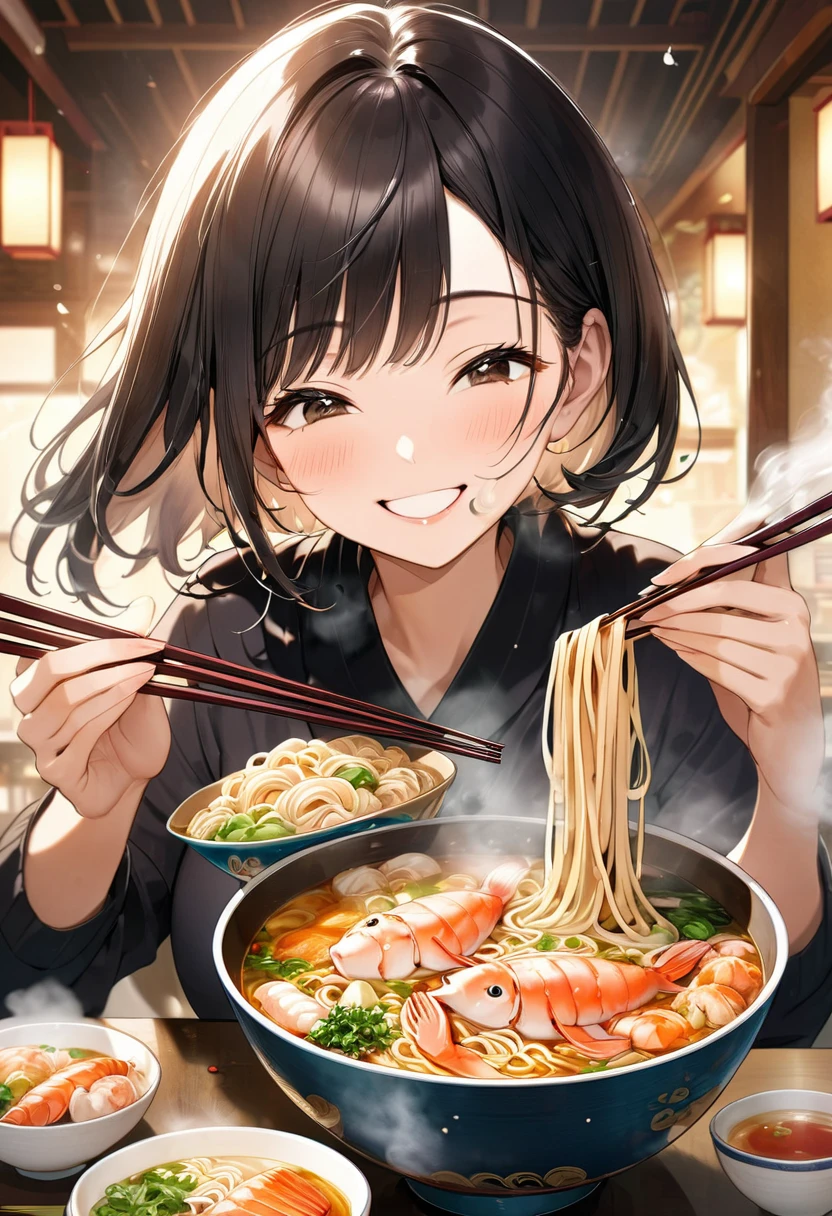 A woman is happily eating seafood noodles. A smile appears on her face as she holds the steaming bowl with both hands and scoops up the noodles with her chopsticks. The aroma of warm soup wafts through the air, creating a relaxed atmosphere.