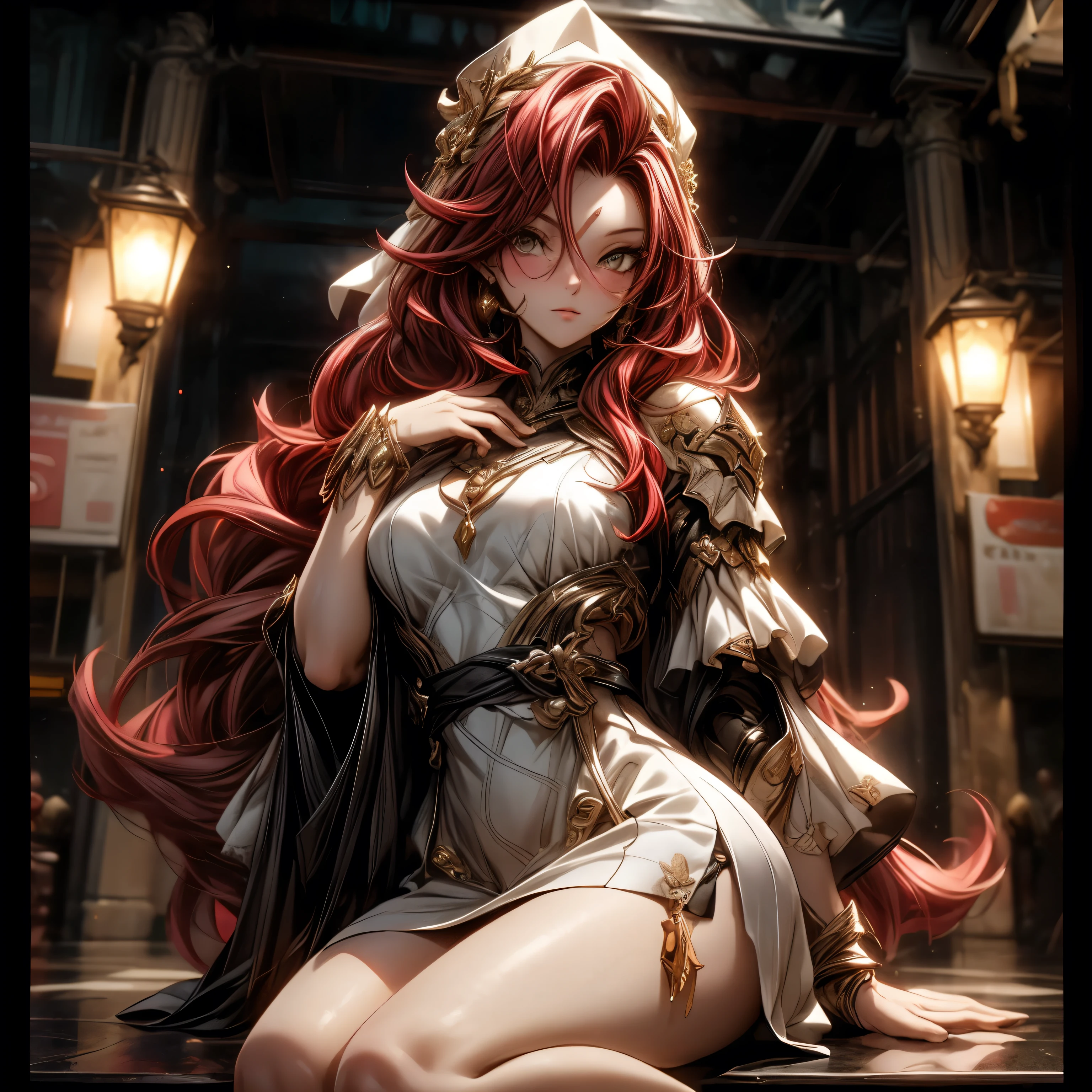 (best quality)), ((Masterpiece)), (details:1.4), 3d, HDR (high dynamic range), an image of a beautiful cyberpunk female, Cyberpunk, Red hair, Long hair, Full body, Beautiful white eyes, จมูกโด่ง, ปากแดง, หน้าอกใหญ่, nvidia RTX, PBR surface, After processing, Anisotropic filtration,depth of field, Maximum clarity and clarity, multi-layered surface, Subsurface scattering, perfect proportions, 8K raw files, ultra detailed, Perfect proportions, volumetric lighting, soft lighting, Holy Paldin, Heavy Silver Armor, Golden dress, glossy skin, intricate Golden embroidery, Village background, jewely, ต่างหู, นิ้วมือสมบูรณ์, mini skirt