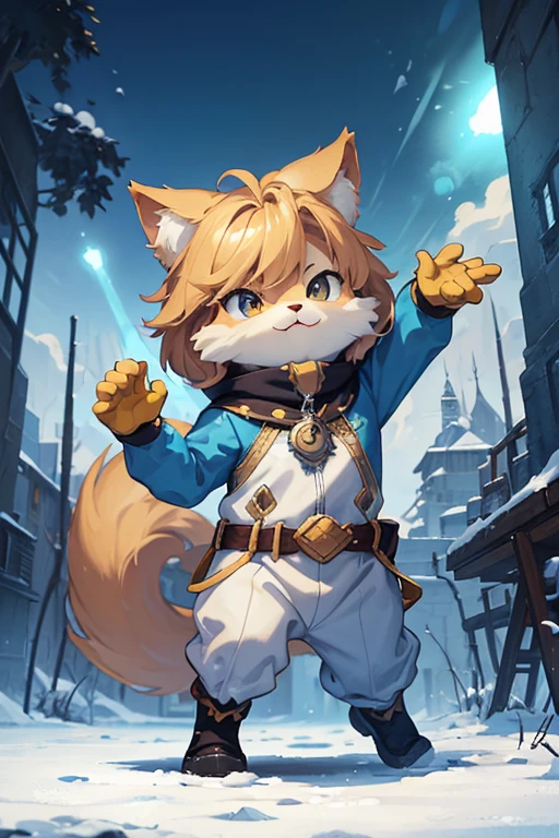 Chat Disney Humanisé Neige - il tient une Epee dans la main et porte Casque de chevalier - Arbre background - flocon de neige - danse
