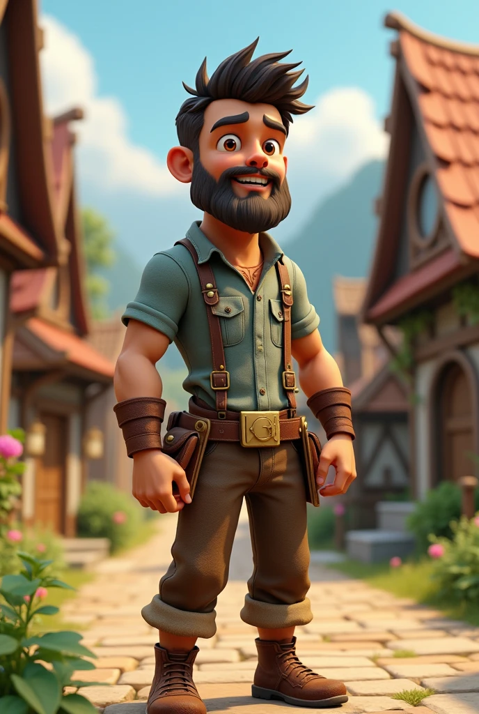 Young Man beard in village ai 3d cartoon type realistic image 