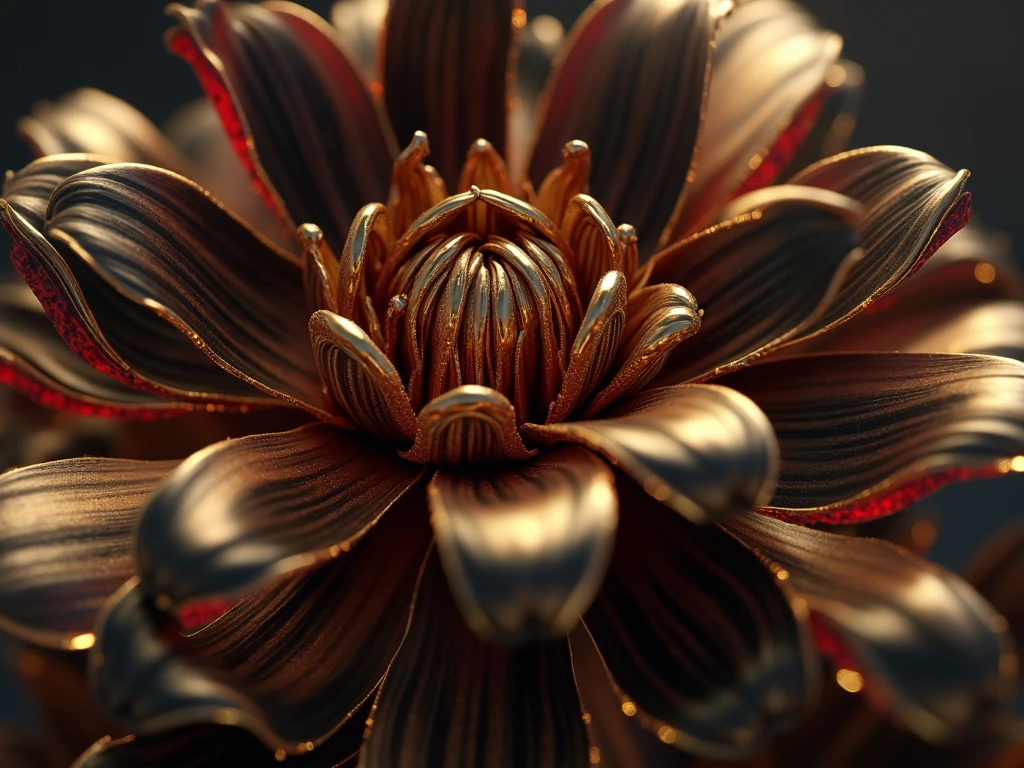 a flower in bloom.((conflict, aggressive,anger,antagonist)),((black, red, golden brass)),((deep wiew)),photographic,ultra high resolution,hyperdetailed, masterpiece, 3d modelling, digital art.