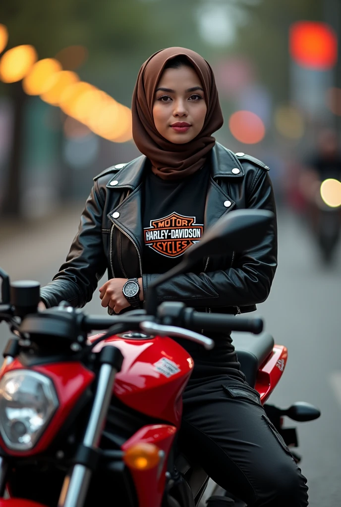 A beautiful Indonesian girl, smooth white skin, well-groomed face, brown hijab.jaket kulit cropped,black harley logo t-shirt, black cropped pants with lots of pockets,sitting posing on a red ninja zx motorbike, smiled faintly, black cool watch, sepatu boots harley davidson,Background,bokeh,Realistic original photo.