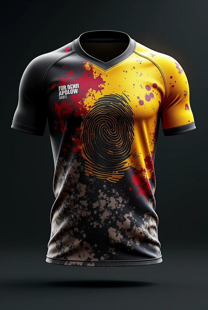 Forensic theme jersey design
With black, white, red, yellow colour 
Can include element of forensic like fingerprint, caution tape, red blood splatter , tyre marks