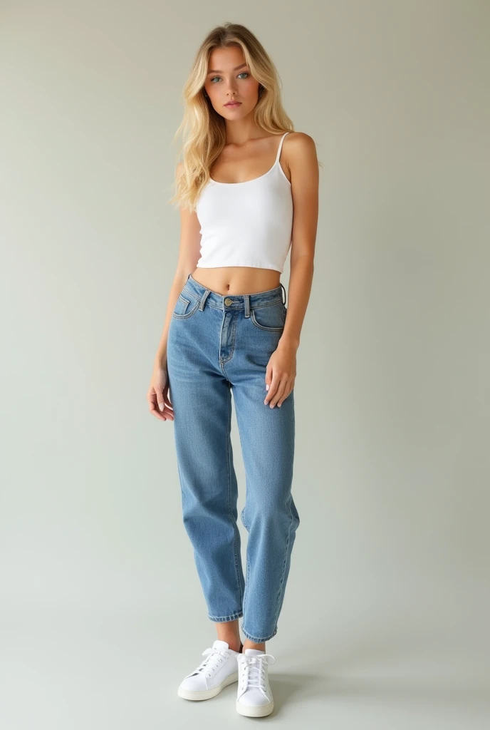 Beautiful blond-haired woman with green eyes. Belly button high slightly wider jeans and white top. With white sneakers. in good shape
