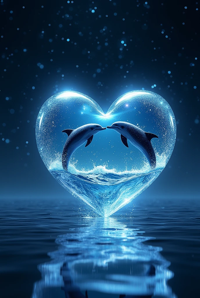 A sparkling open heart object、romantic、photograph、Panorama、Neon color、Bright colors、Ultra-high resolution、
Inside the open heart is a picture of the ocean、Countless stars in the background、The overall image is dark, but the heart-shaped object shines brightly.、
A sky studded with stars、Dolphins jumping in the sea、The water surface reflects accurately、The stars are realistic and lively、Dolphins are wet and vivid、Water droplets and water are transparent。