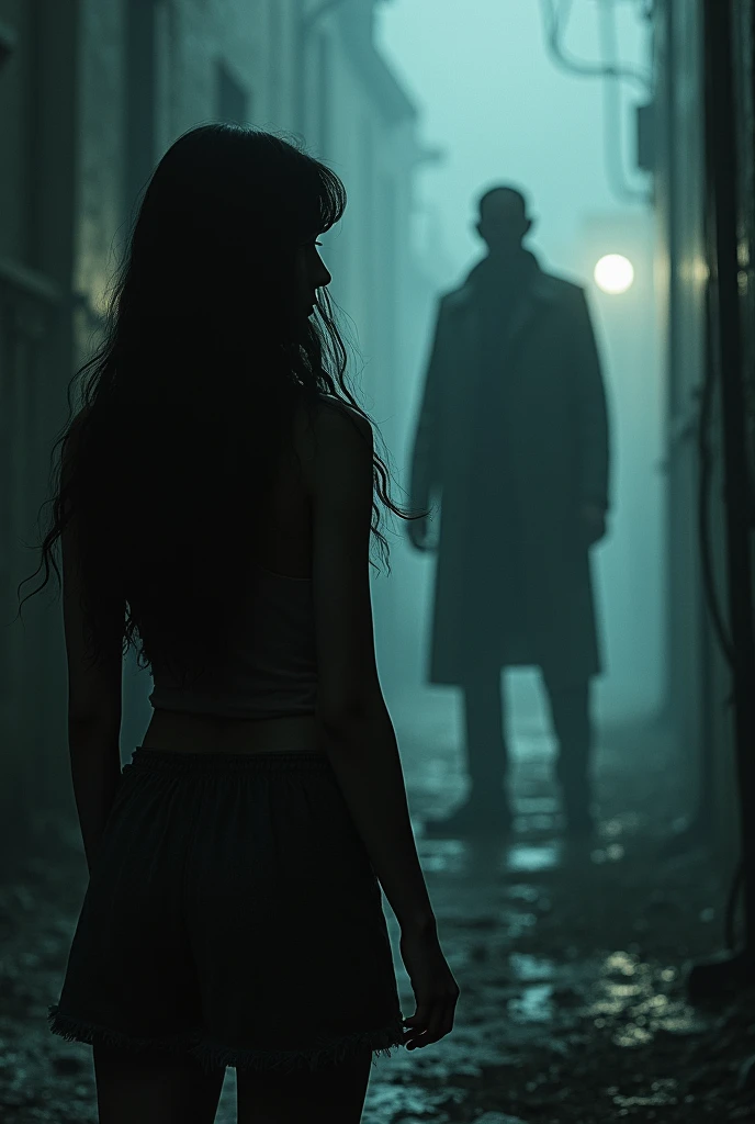 Central Image: In the foreground, a silhouette of a girl, facing away, with long flowing hair, looking over her shoulder. She appears contemplative, with a hint of determination in her posture. Nearby, a shadowy figure of a man (the childhood friend turned mafia) is partially visible, his presence imposing but mysterious. Create image for the novel