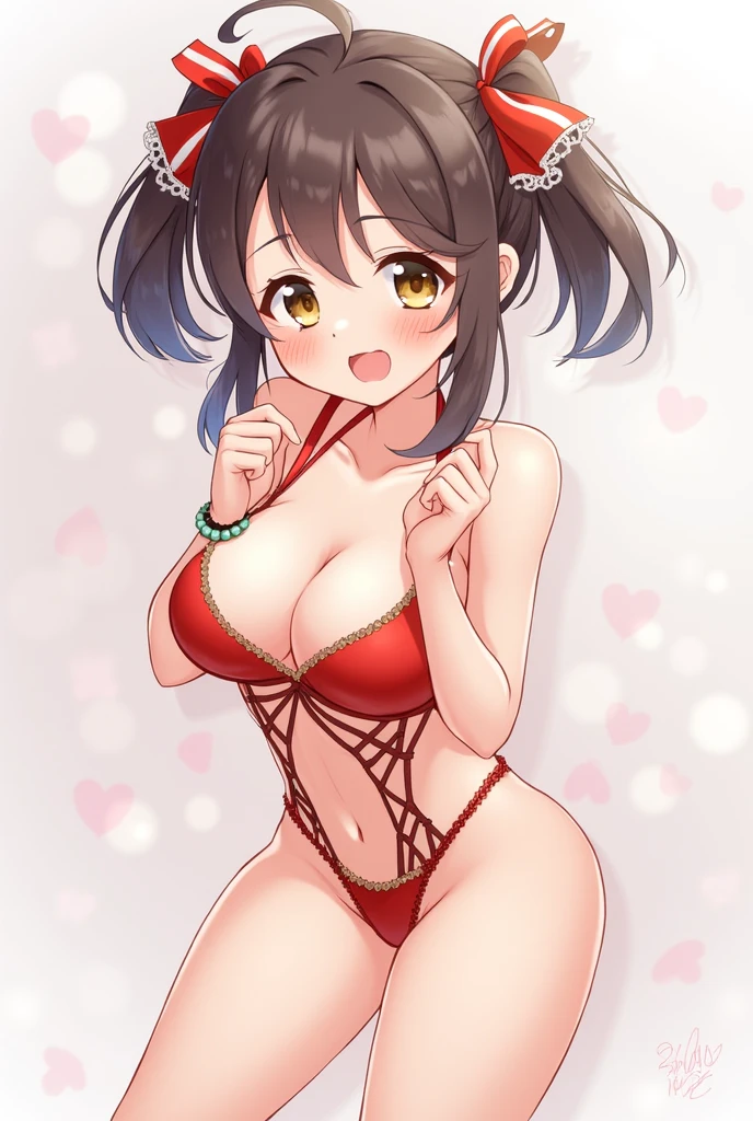 One girl, Large Breasts, Shortcuts, High resolution, masterpiece, Blushing, Close your mouth, Open your mouth a little, ribbon, Simple Background, Young Japanese Girl、Idol Costumes Thin legs、smile, Shortcuts,