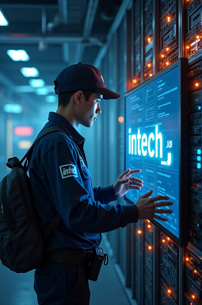 Realistic image of an electronic security technician in action with the company name highlighted on the screen "intech_jp" to be used in profile 