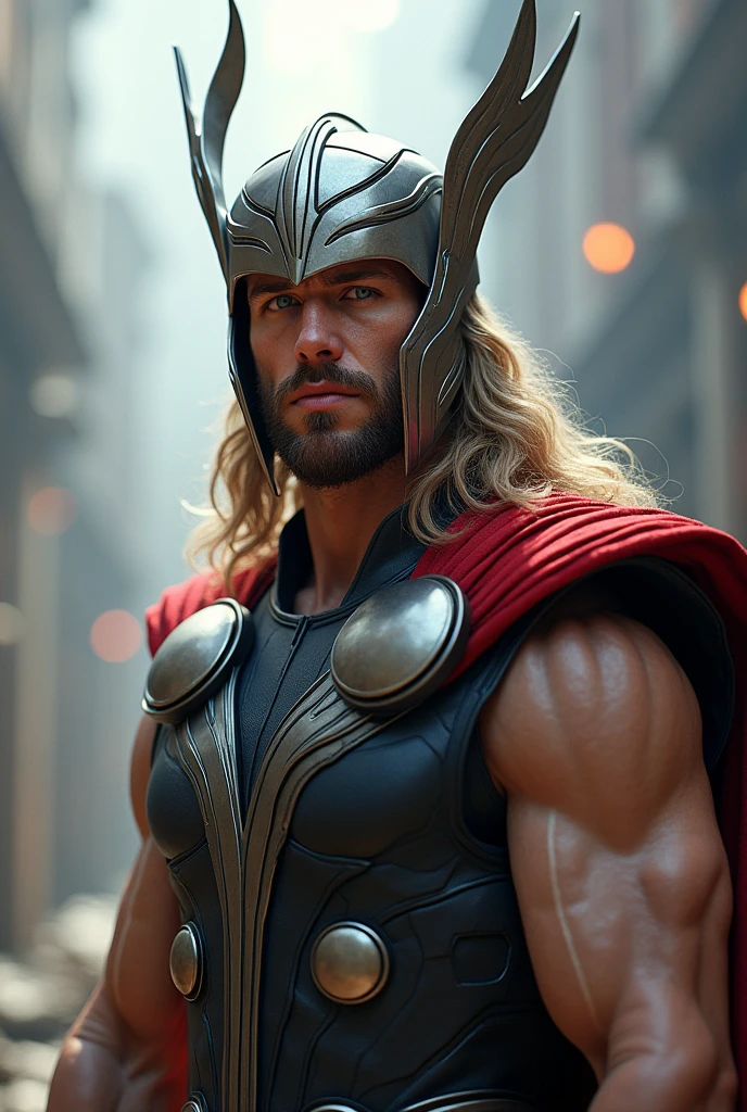 Comically accurate thor, with helmet, clean shaven face, looks like Henry Cavill with clean face