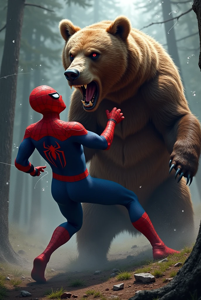 Spiderman fighting a bear and losing fight