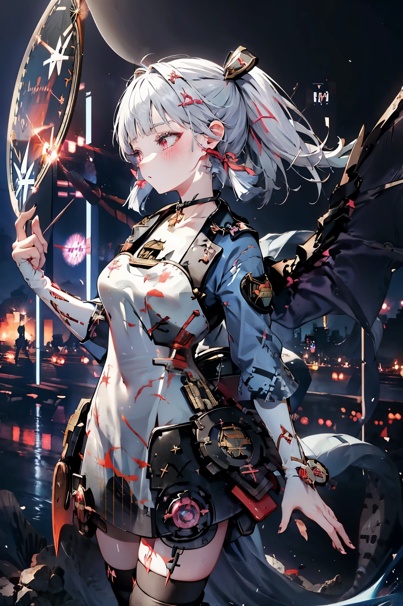 kamisato_ayaka, uhd, 4k, textured skin, High details, detailed face, masterpiece, best quality, (Amazingly absurd:1.2), (masterpiece:1.2), 1 girl, dragon ear, dragon wings, Long dress, standing, dynamische pose:1.5, half-closed eyes, glowing red eyes, very long black hair, shiny hair , fullbody, two colored hair, hair ribbon, black knee socks, Kawaiitech, soft colours, Kawaii, Beautiful colors, (Rain:1), (Night:2), (battlefield:2)