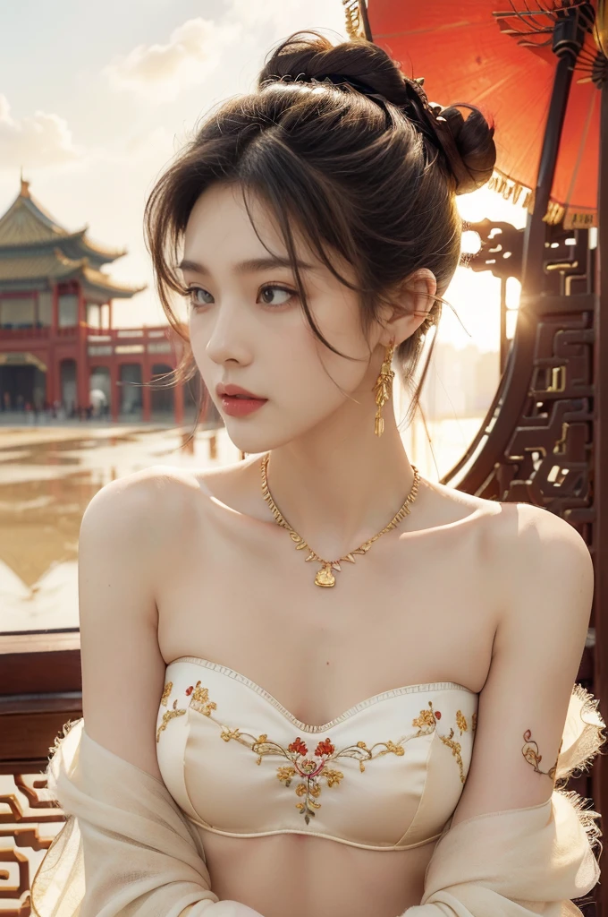 (((best quality))),(((ultra detailed))),(((masterpiece))),illustration,((1 beautiful girl,solo)),(neat bun:1.2),(fair skin:1.3),((slim,thin)),((earrings,necklace)),((small breasts,flat chest)),(bright almond-shaped eyes:1.3), graceful and elegant aura,(strapless gorgeous exquisitely embroidered red bra:1.5),gold trimmings,(ancient Chinese city scape:1.3),(on spacious square:1.3),(towering magnificent palace-like castle:1.3),gold trimmings,intricate carvings, delicate decorations,((clear sky, fluffy clouds)), warm sunlight, crisp refreshing breeze, serene expression, peaceful atmosphere, (standing:1.3), surrounding beauty,((vibrant October,autumn)),((from front,close-up of face))