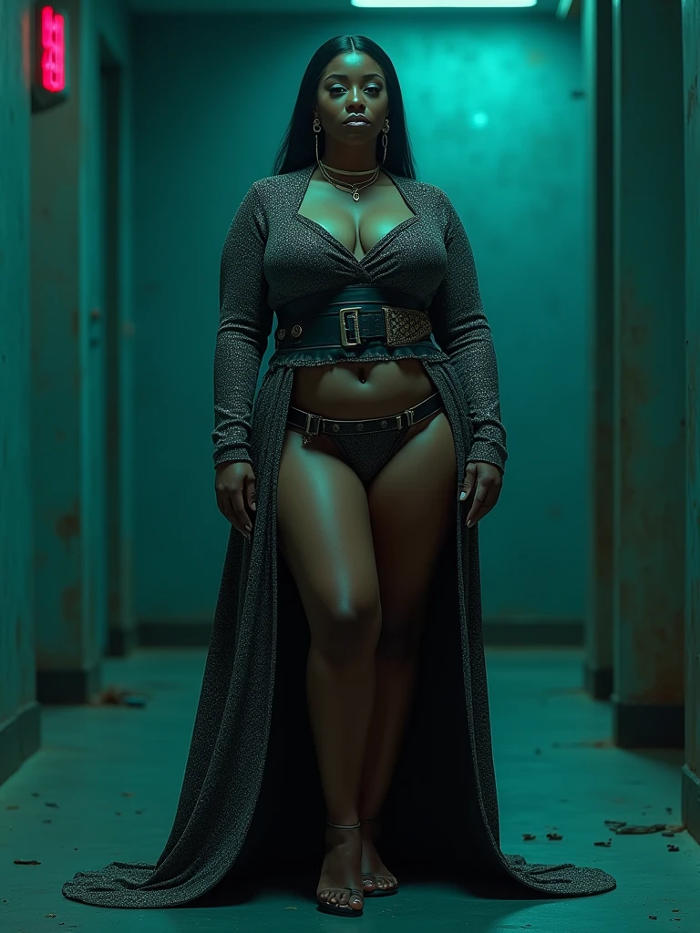 HUGE ASS, extreme protrusion, ultra photo-realistic skin, MASSIVE SUPERIOR HUGE ASS, dark skin: dark melanin Women, most wide trapezoidal pelvis: widespread hips: tiny waist, UHD, Protruding Ass paired with slender stomach ting waist, long sweater: belts clasps buckles in the minute details, PROTRUDING BOOTY, neon: post apocalyptic: great room, subject poses from the front side, intense attention to details, intricate beautiful details, linen apparel, fine details, metallic long fabric, Synthwave, front side, Womanly, dark tteal scheme, eloquene bathed in elegance, DSLR, best quality, no nsfw