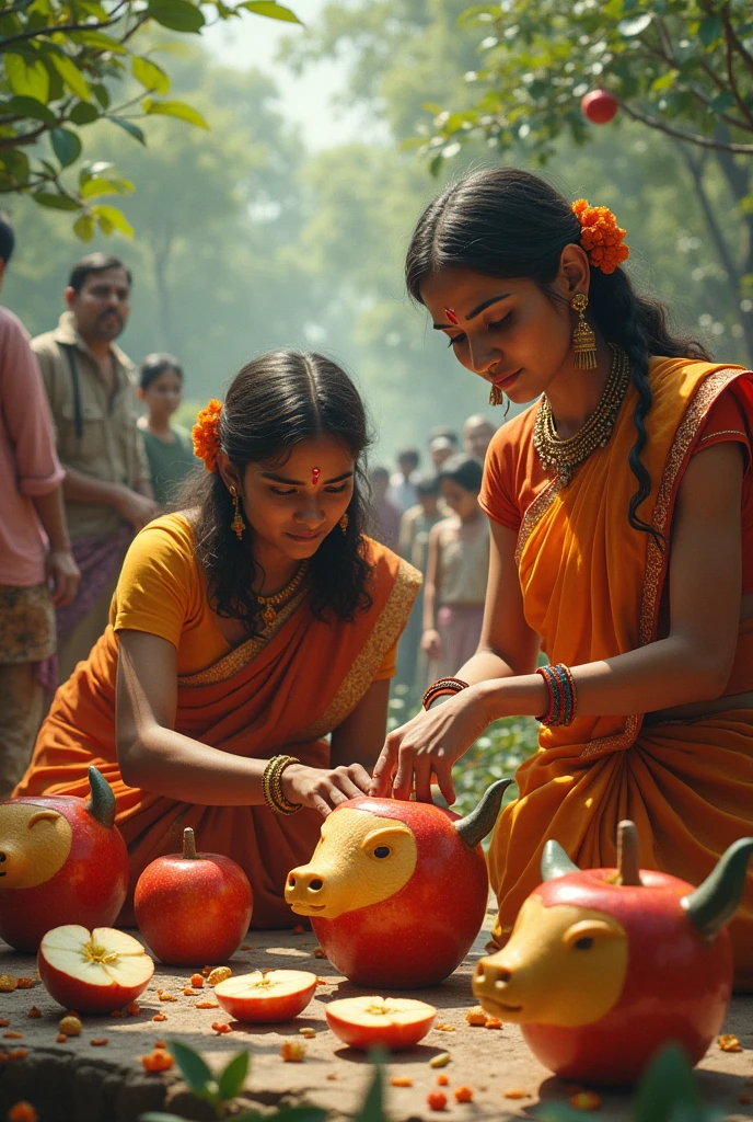 Indian womens creating apple cow people are watching 