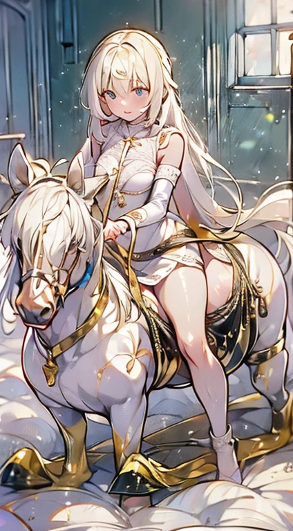 1_girl, Long white hair, Blue Eyes, Small breasts, Sexy pose in white nightgown, cushion, Lots of light, On all fours、A red face that looks lustful、Ride a Rocking Horse