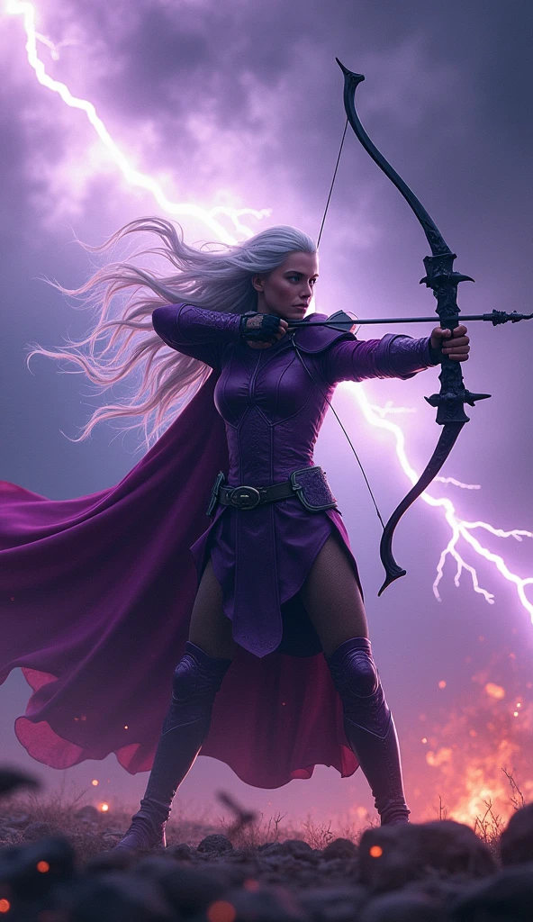 Full body action shot, 8K definition, high contrast, dramatic lighting, dynamic action pose, deep purple leather armor, long silver hair flowing, wielding a black bow, arrows trailing lightning ("Storm Bringer Arrow") and fire ("Storm Fire Arrow"), storm of lightning and flames erupting in the background, ultra-detailed leather texture on armor, intricate bow design, individual strands of hair visible, lightning and flame effects in high detail, feet planted in strong archer's stance