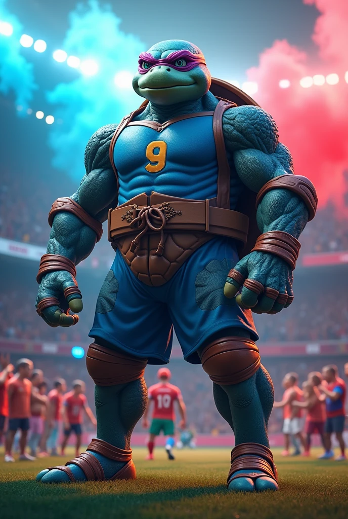 "A modern stadium filled with cheering fans in the stands, with blue and red smoke filling the air. In the background, there is a giant muscular blue ninja turtle standing tall, covered in tattoos and wearing a modern soccer jersey with the number 9 on it. The turtle has a confident stance, and the scene is vibrant, with high-resolution 4K quality details, capturing the intensity and excitement of the moment."