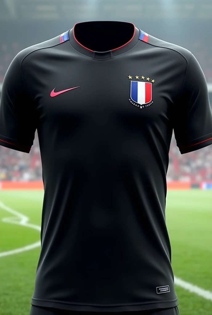 black france national team shirt with small blue red and white details on the shirt
