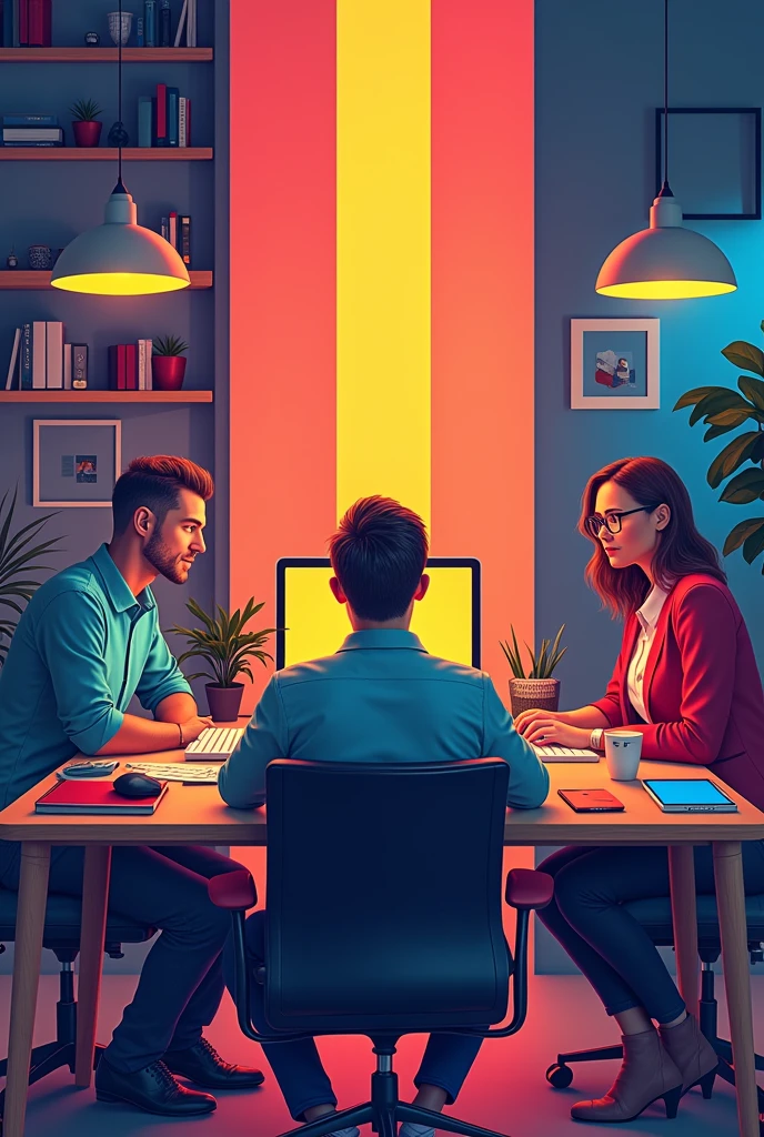 We are haring graphic designers
Poster design and macbook and iPad and iPhone keyboard and mouse in a room with 3 chayar men 1chayar without men