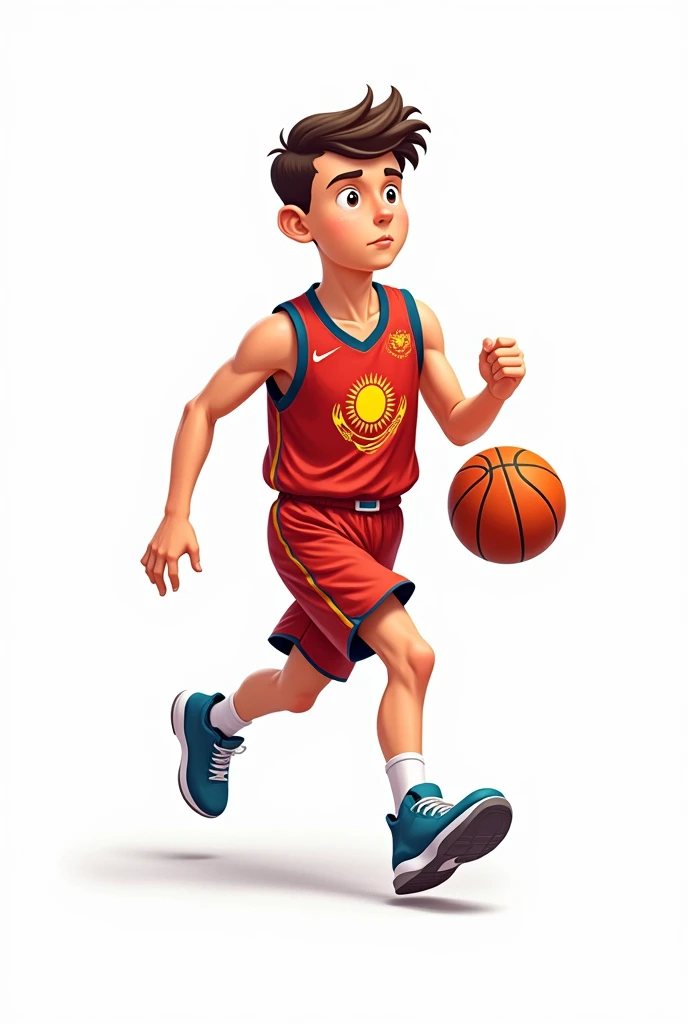 ((officially)) ((masterpiece)) ((Best quality)) ((detailed)) cartoon boy basketball player running with ball in uniform with emblem flag of Kazakhstan on white background